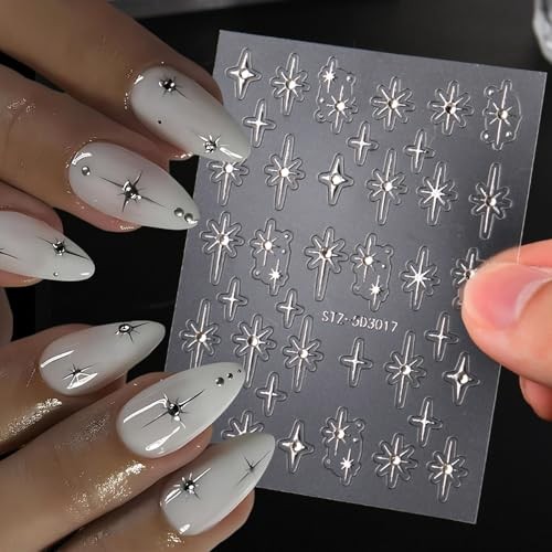 Holographic Gold Star Nail Stickers with 5D Embossed Rhinestones & Laser
