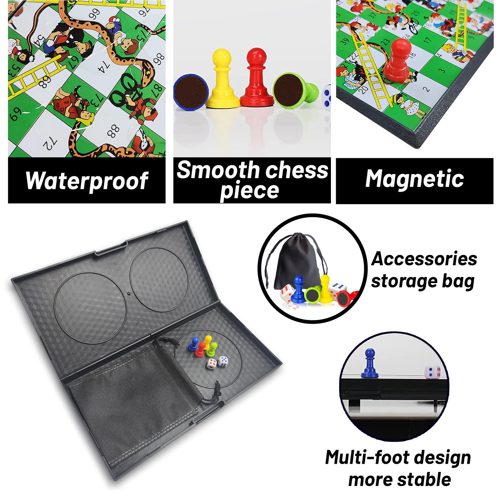 KIDAMI Magnetic Snakes and Ladders Board Game Set, Folding Portable Medium