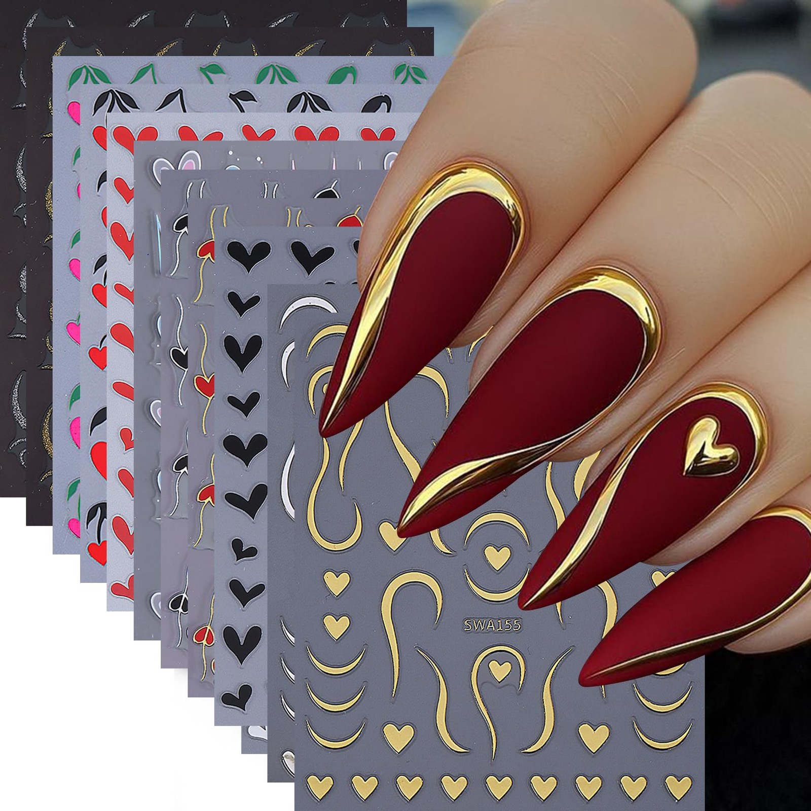 Heart Nail Art Stickers Decals 12PCS Sparkling Love Heart Vine Nail Decals 3D…