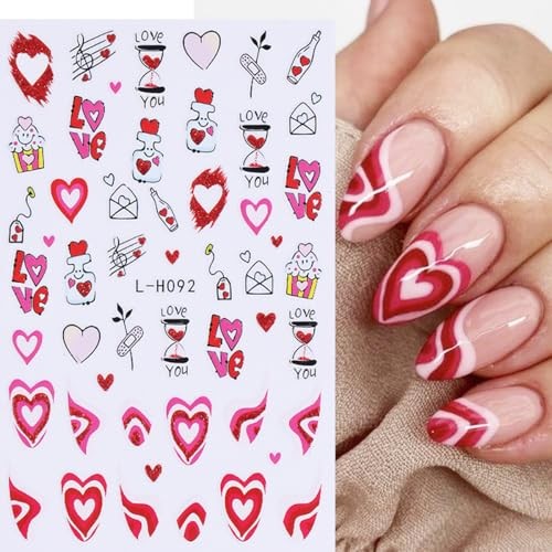 6 Sheets Red Heart Nail Stickers for Nail Art Valentines Nail Art Stickers 3D