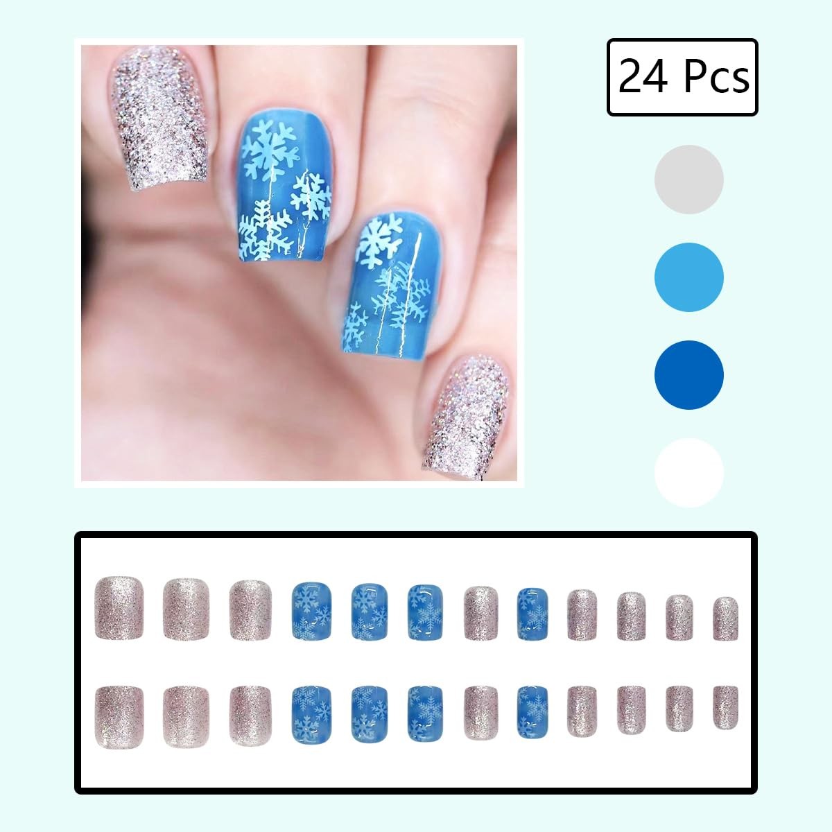 24Pcs Winter Snowflake Press on Nails Short Square Fake Nails with Glue Silve…