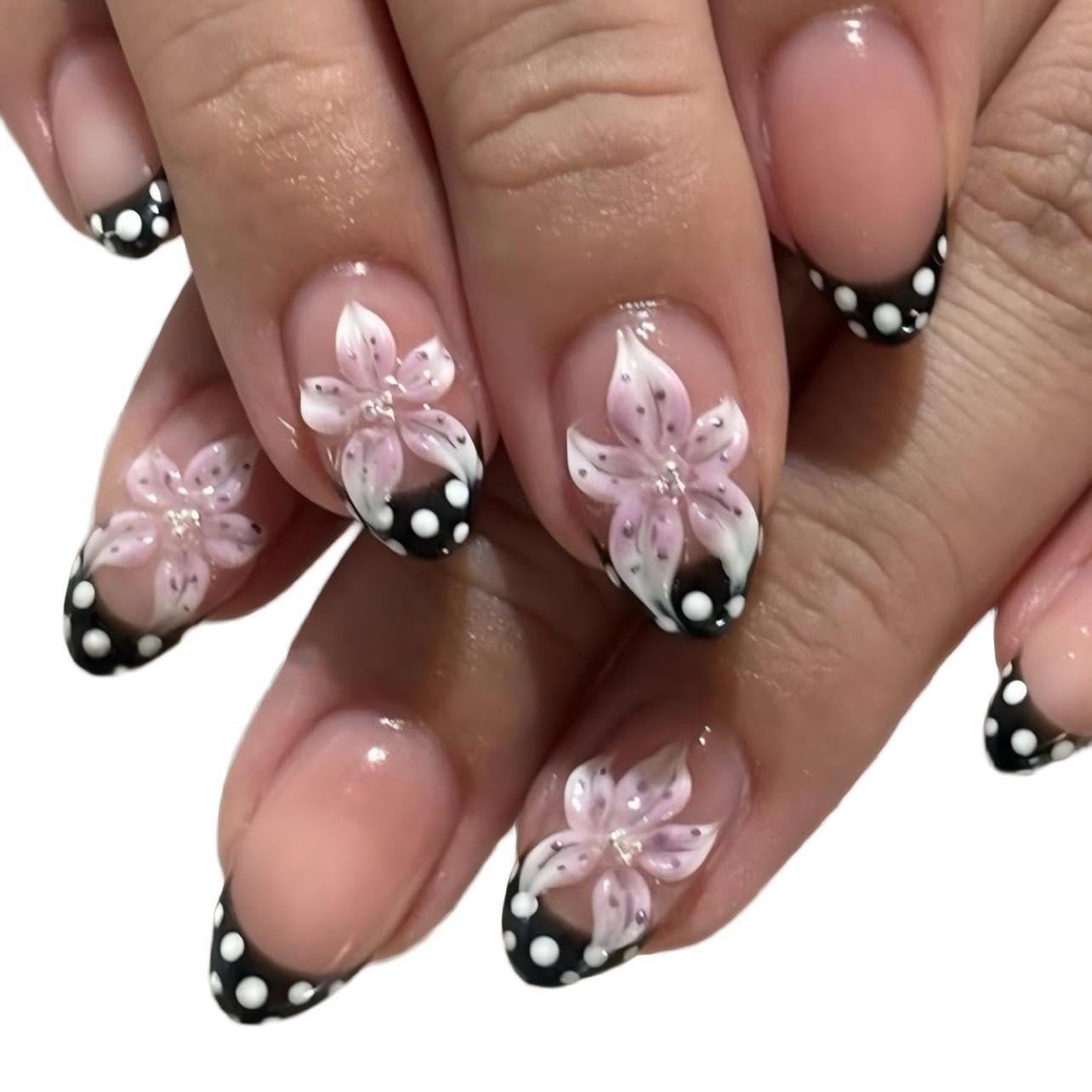 Taoyisent Pink Floral French Tip Press On Nails, Short Almond Shape, Black Po…