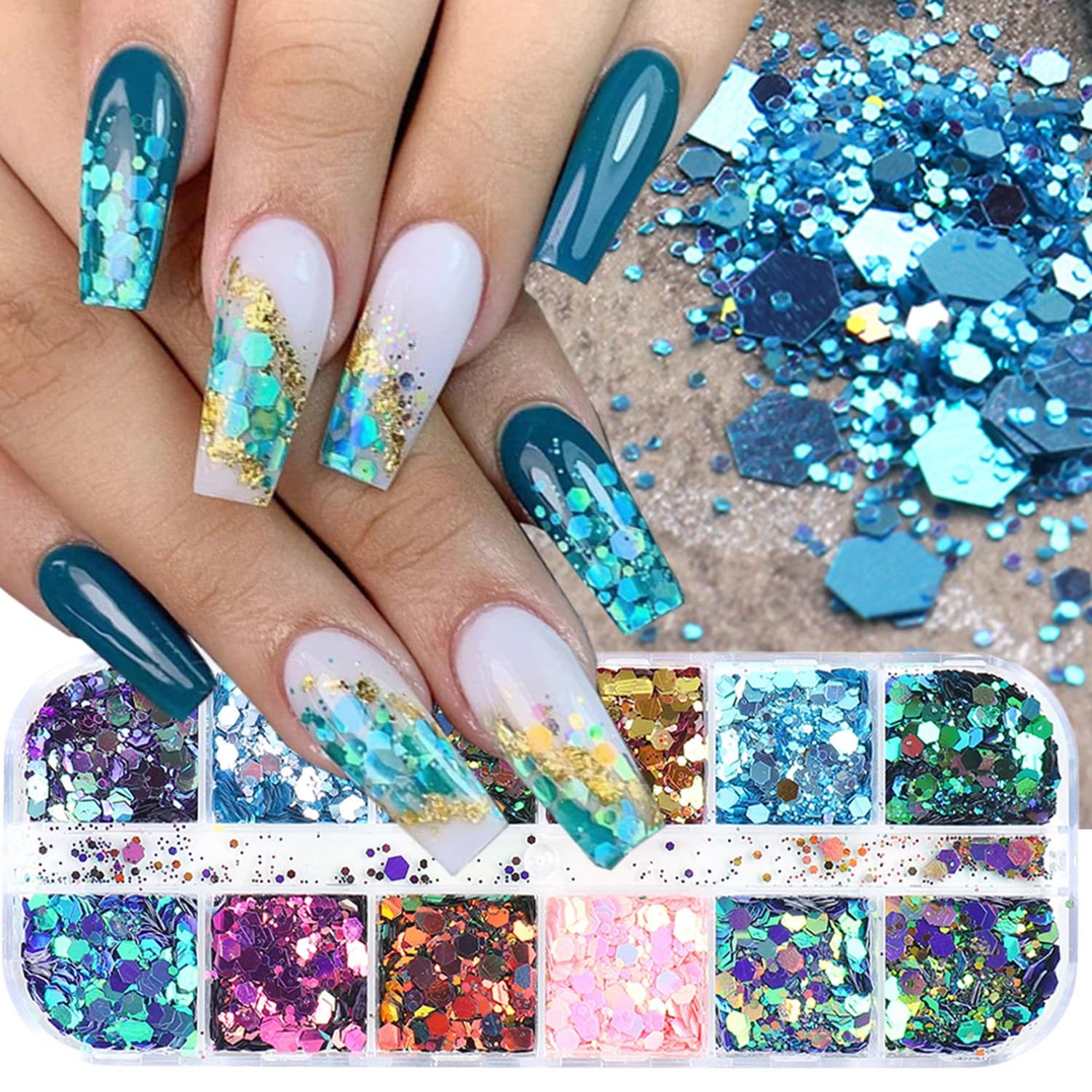 12 Grids Chameleon Nail Art Sequins Hexagon Nail Glitter Holographic Process …