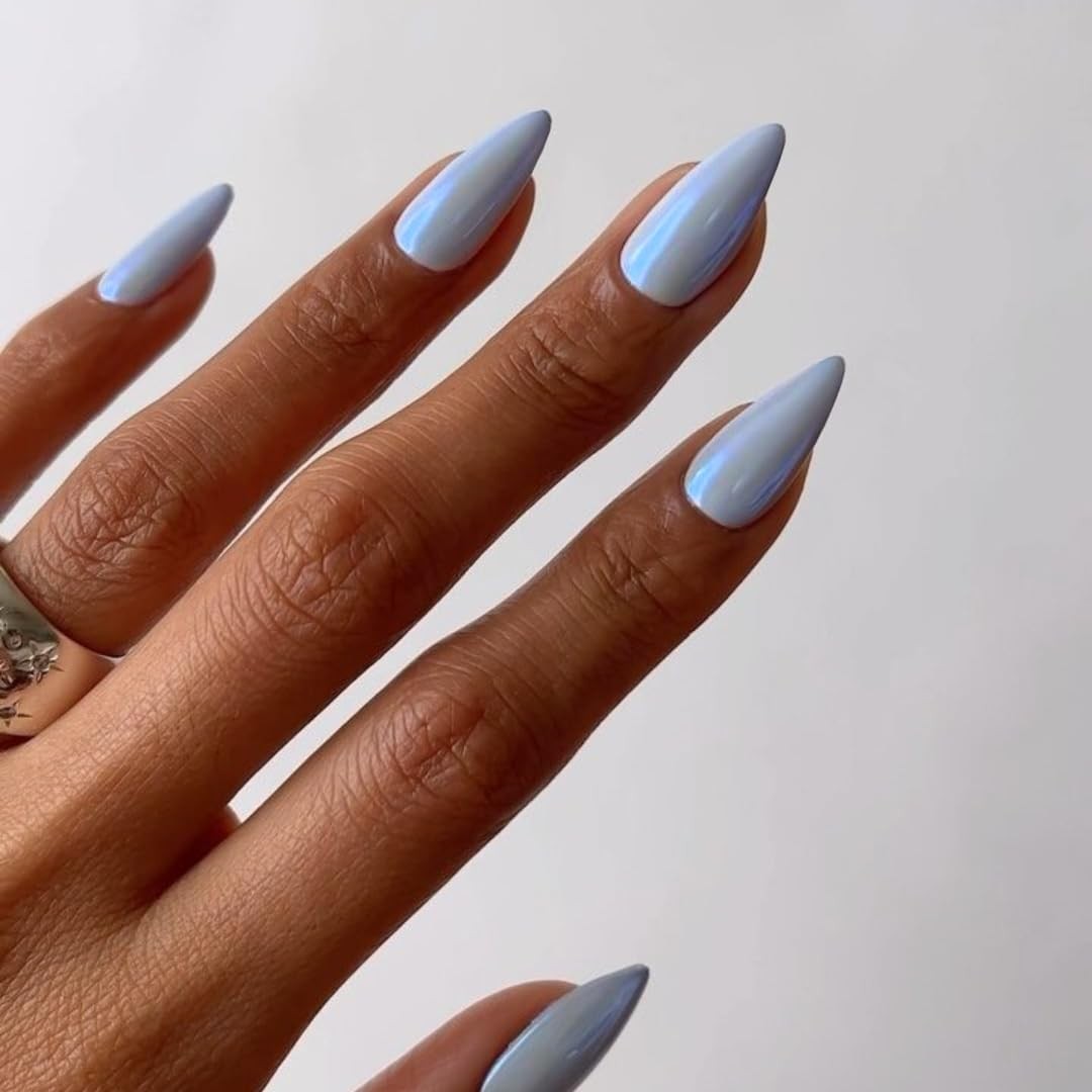 Light Blue Chrome Press on Nails Medium Almond, Mirror Aurora Stiletto Fake A…