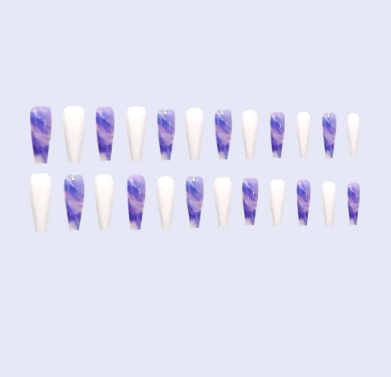 Medium Coffin/ Purple Marble/ White with gems / Matte/ Glossy / Press On Nails