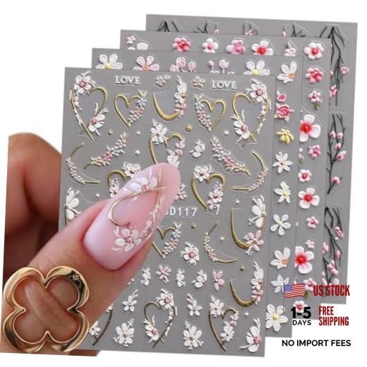 3D Embossed Flower Nail Art Stickers Decals Self-Adhesive 5D Spring Summer