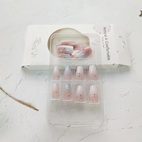 24Pcs Medium Press on Nails Blue White Gradient Press on Nails Medium Square W5