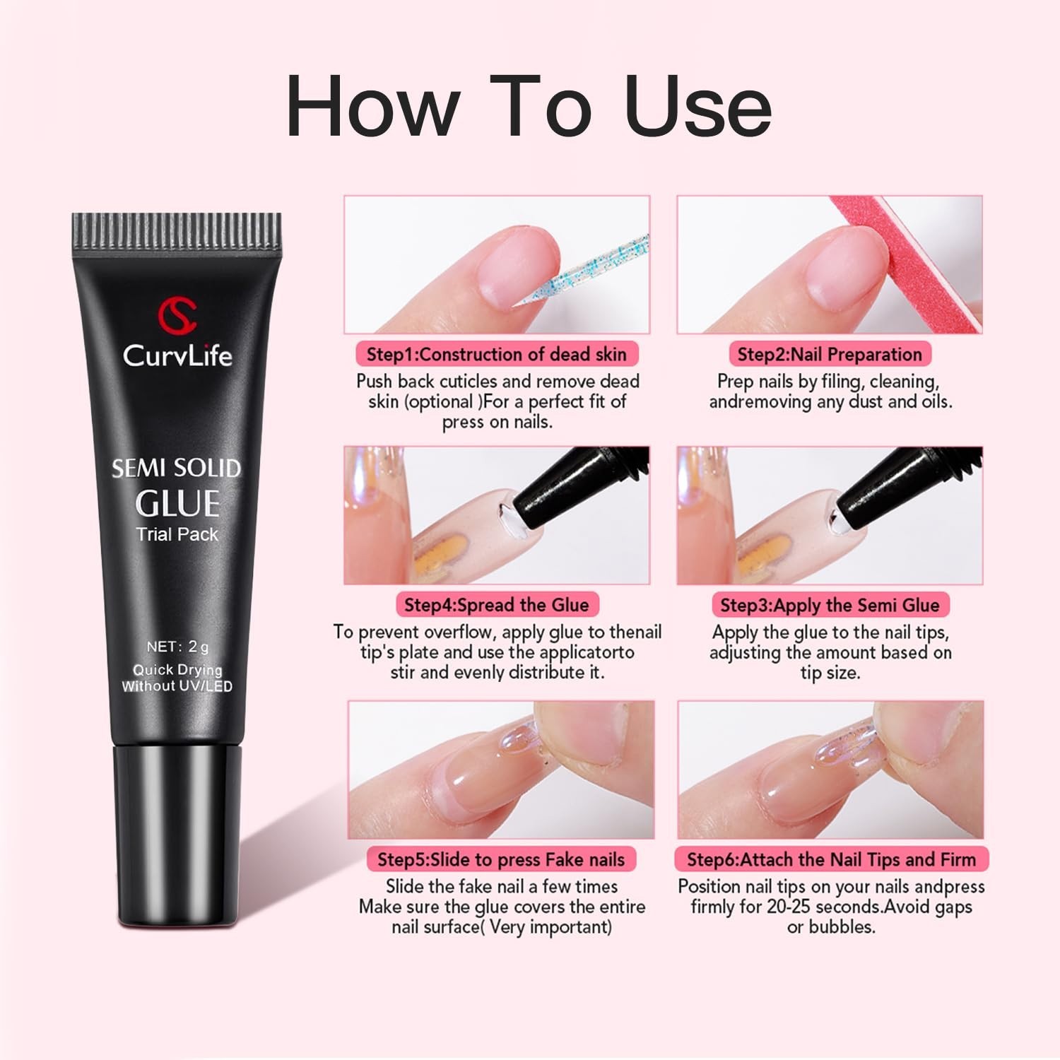 5pcs Semi Solid Nail Glue Kit + 20ml Precision Nail Glue Remover – Strong Adhesi
