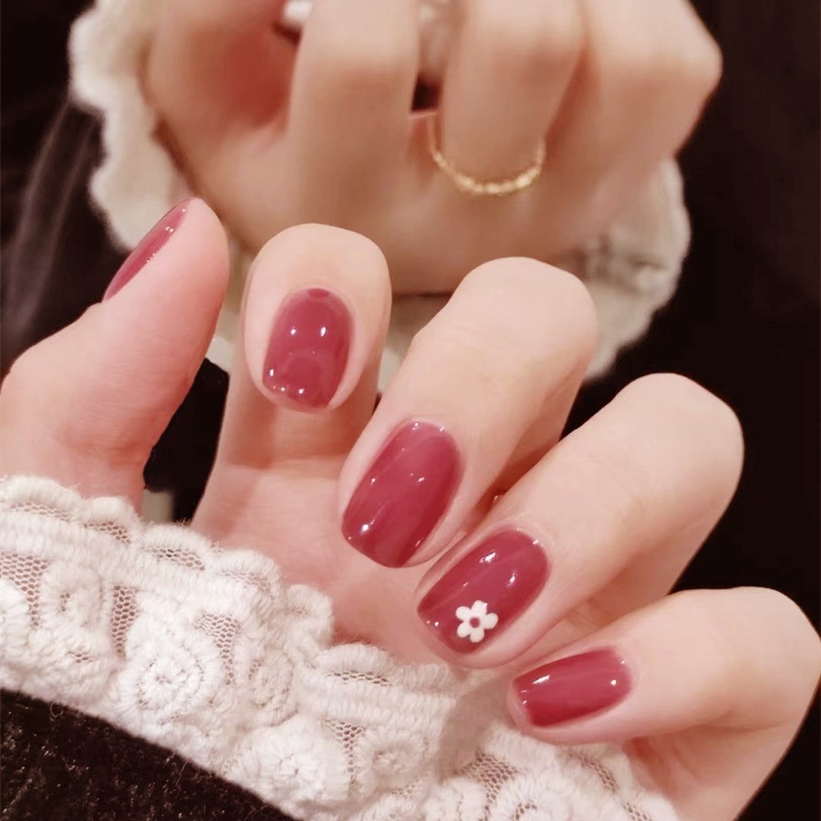 Press on Nail – Wine Red Small Flowers, Short Square Fake Nails, 48 Piece Set