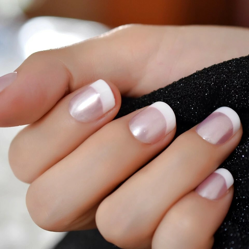 24 Short French Mani Press on nails glue on white tip Pearl Pink kit