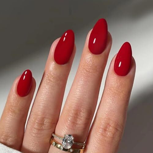 Red Press on Nails Christmas Medium Almond Fake 0.04 Fl Oz (Pack of 24) 0831-04