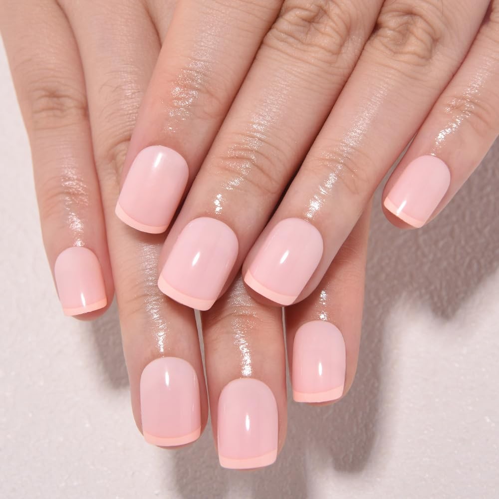 French Tips Press on Nails Nude Pink + Peach Tips Short Round (30 Count)