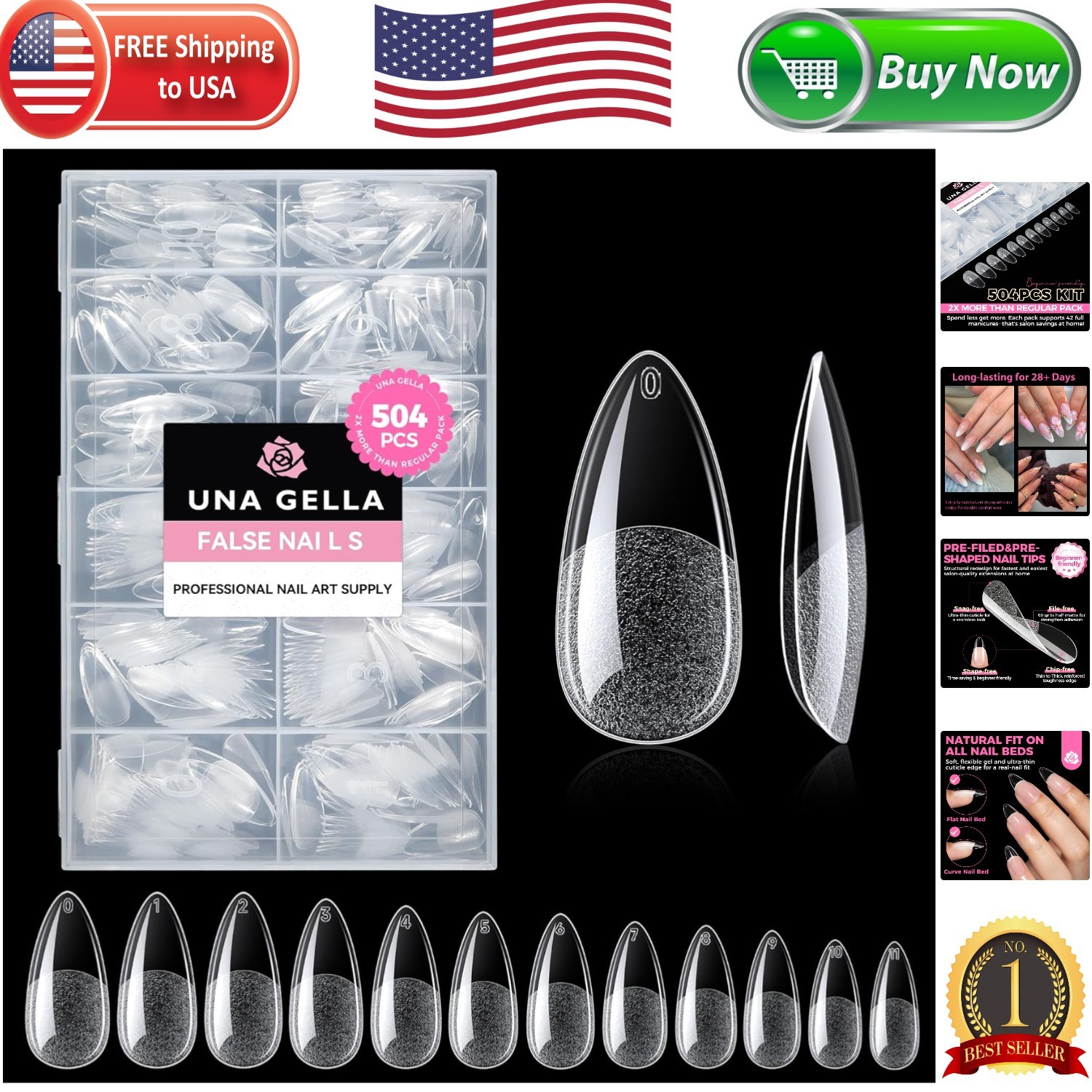 Luxury Gel Press-On Nail Extensions – 504 PCS, No C Curve Medium Almond Style