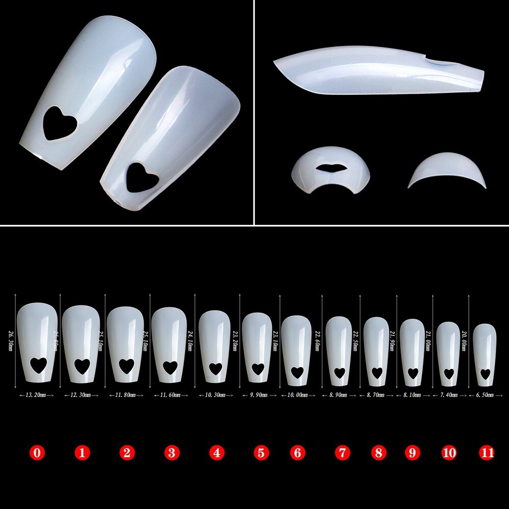 Fake Nails Acrylic Artificial False Nail Tips Hollow Heart Finger Tip DIY 504pcs