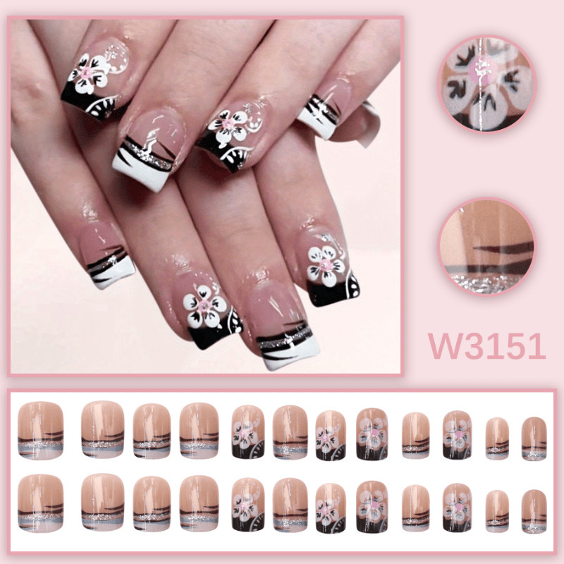 48 pieces of short square nail black and white flower French wearing nail art