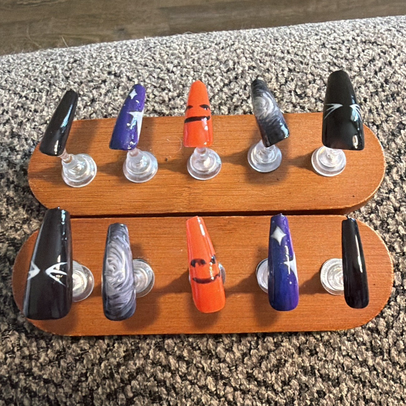 Long Coffin Press-On Nails Black/Orange/Purple Stars Pre-Designed Shiny