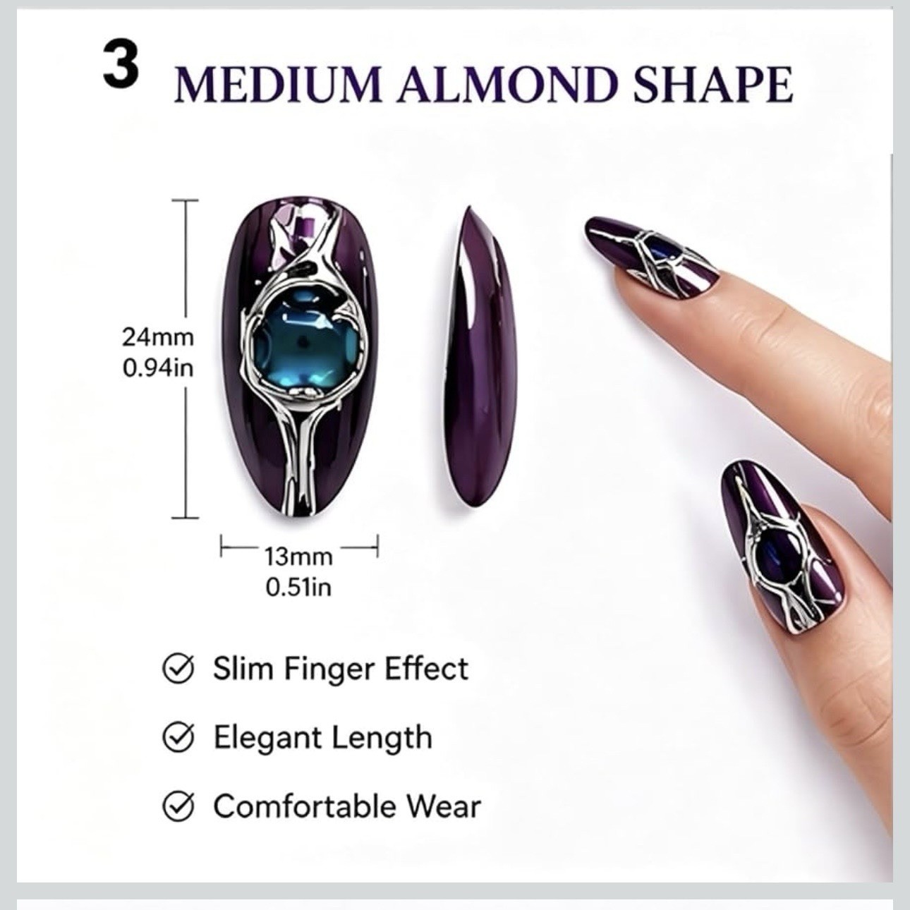 Handmade Purple Chrome Press On Nails Medium Almond Teal Gems 10Pc Reusable
