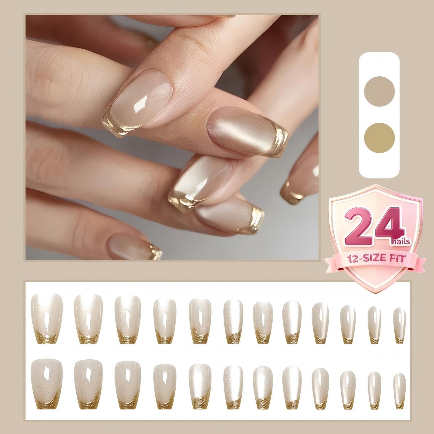 Gold French Tip Press On Nails for Women, Glossy Short, 024-Gold