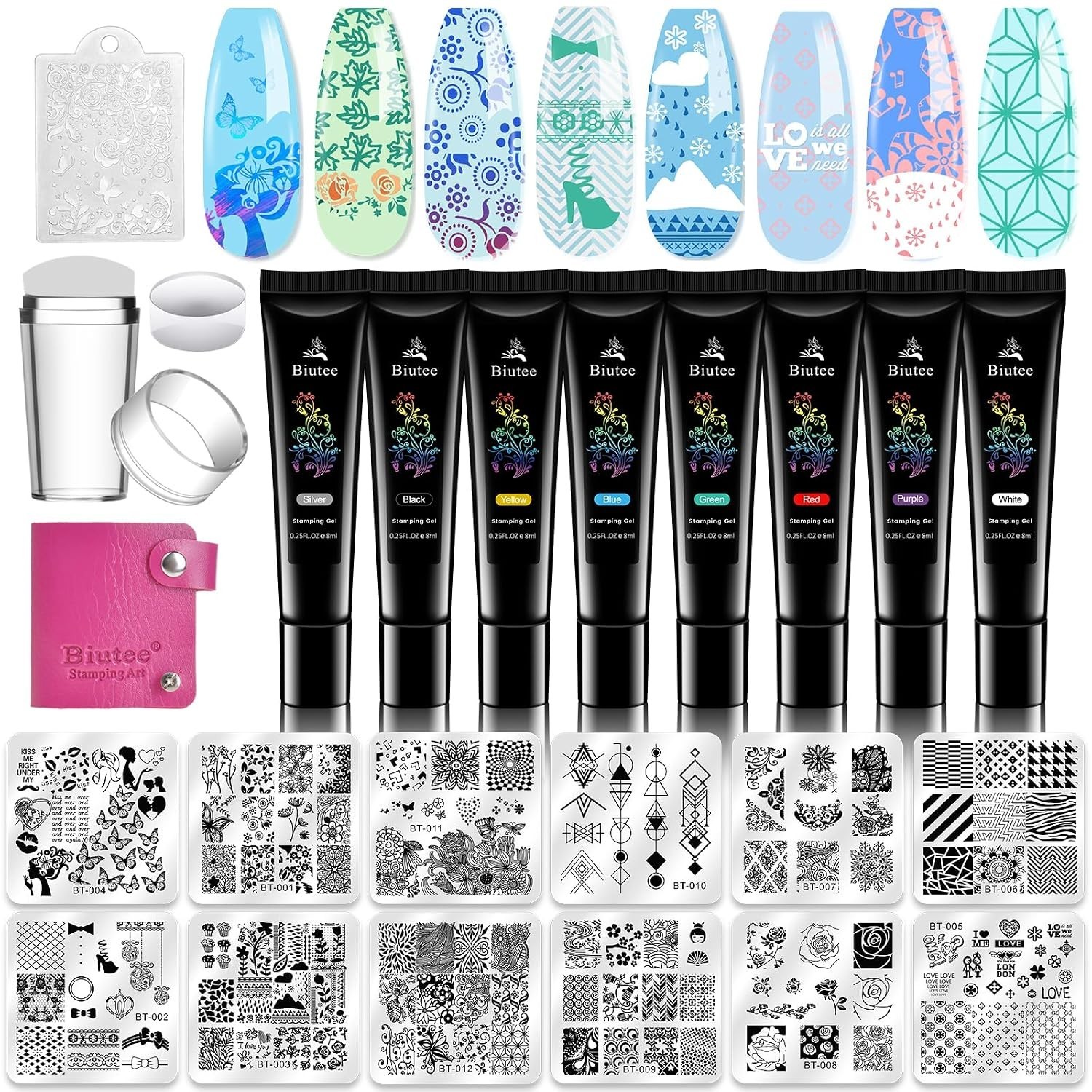 Durable Stainless Steel Nail Stamping Plates Set with 8 Vibrant Gel Polishes