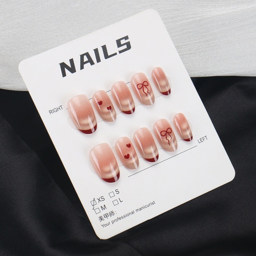 60pcs-Press on Nails Nude Red Cat Eye French Tip Bow Heart Short Square Set