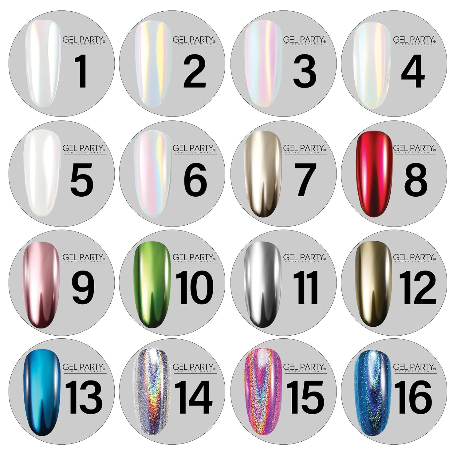 GELPARTY 16 Colour Chrome & Holographic Nail Powder Kit – Mirror-Effect Metallic