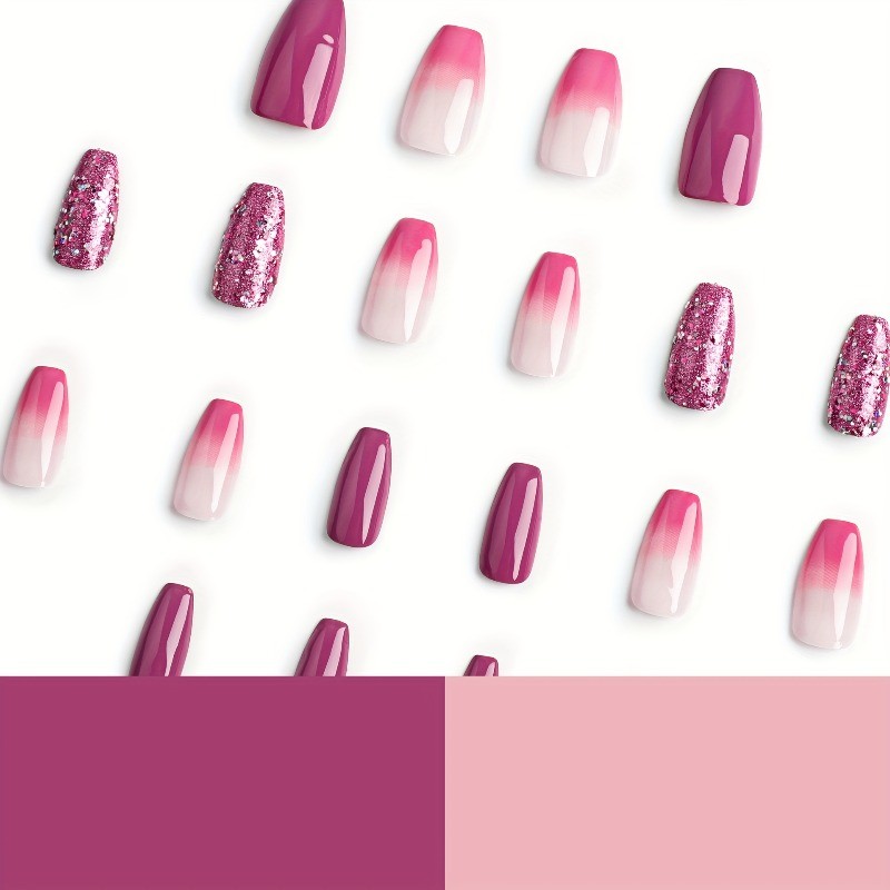 48pcs Pink Ombre Press on Nails Short Square with Holographic Glitter Accents