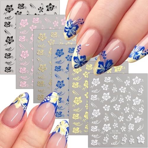Hibiscus Flower Nail Stickers, 6PCS Hibiscus Flowers Nail Decals 3D Self