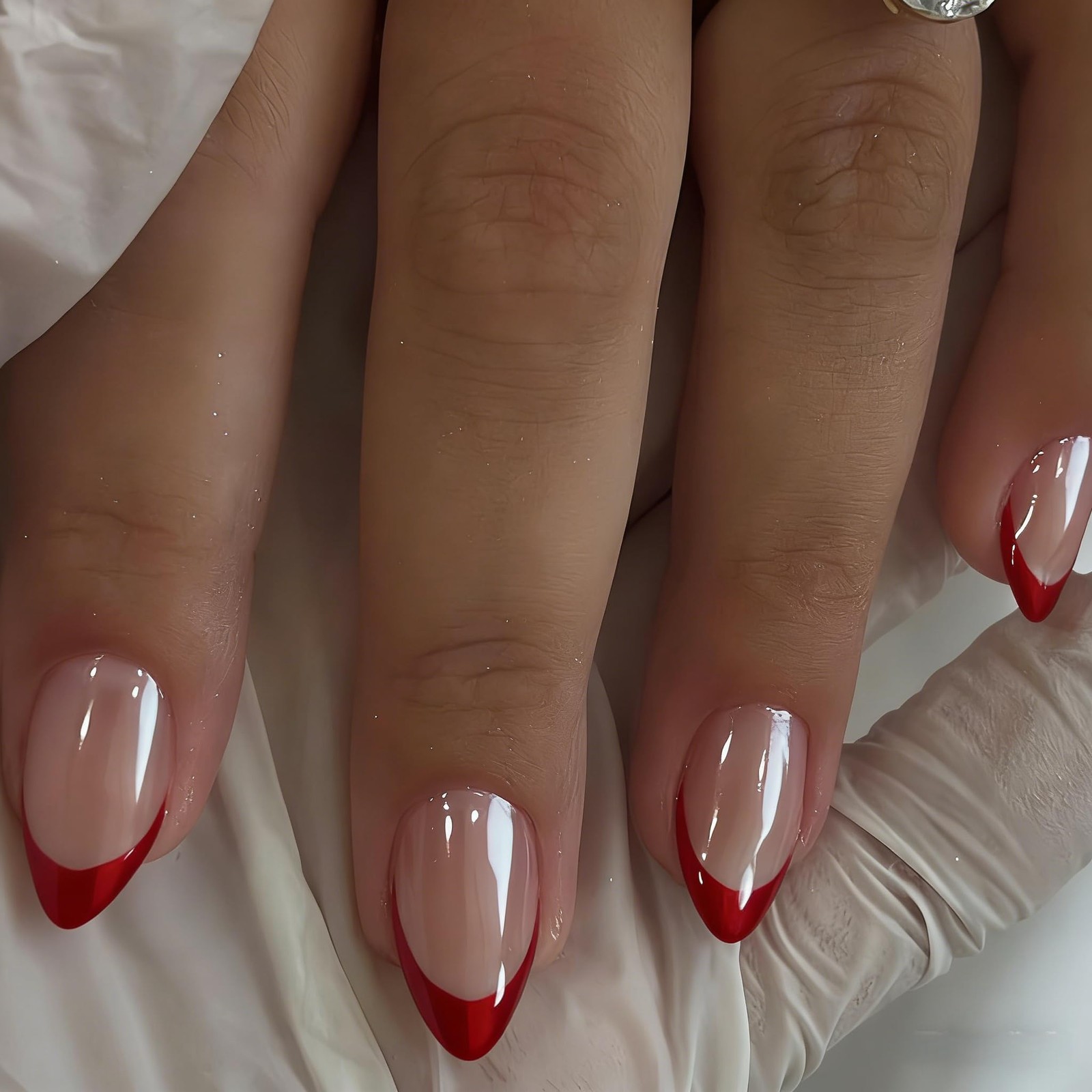 Chrome Red French Tip Press on Nails Short Square, Glazed Gel Fake Nails Pres…