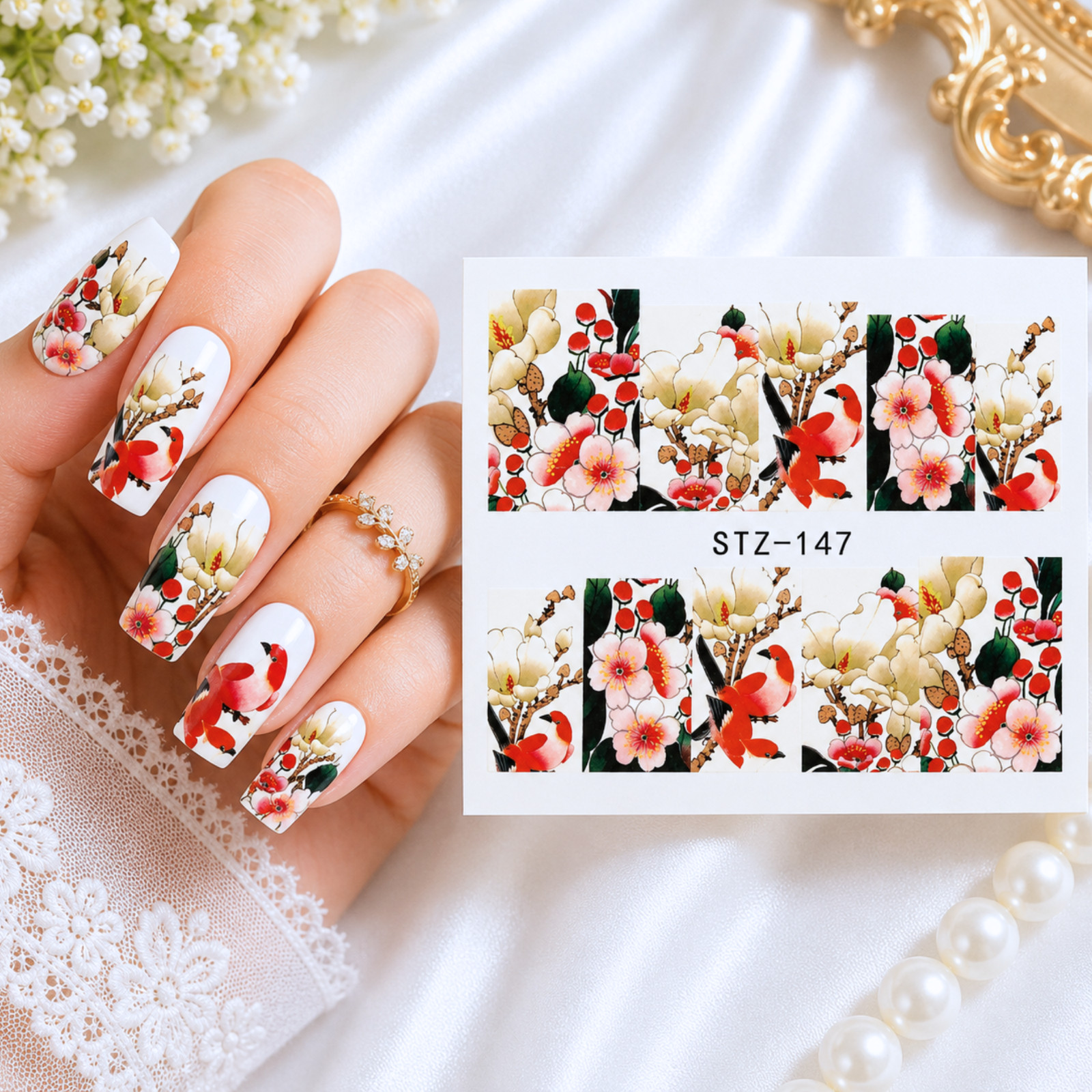 Bird Floral 3D Water Transfer Nail Art Decal Stickers DIY Manicure Gel Acrylic