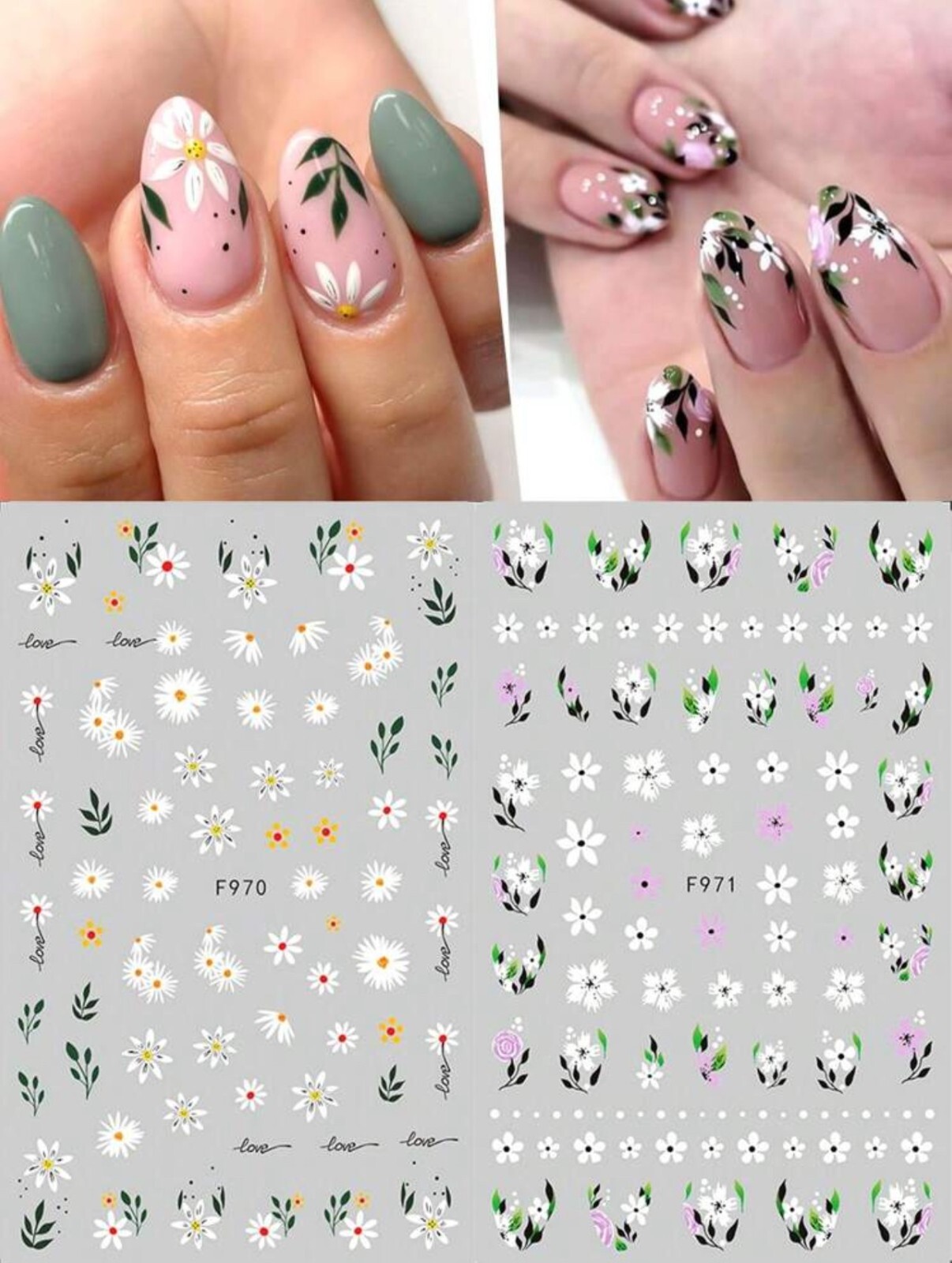 Nail Art Stickers Decals Spring Summer Flowers Floral Daisy Fern Leaf