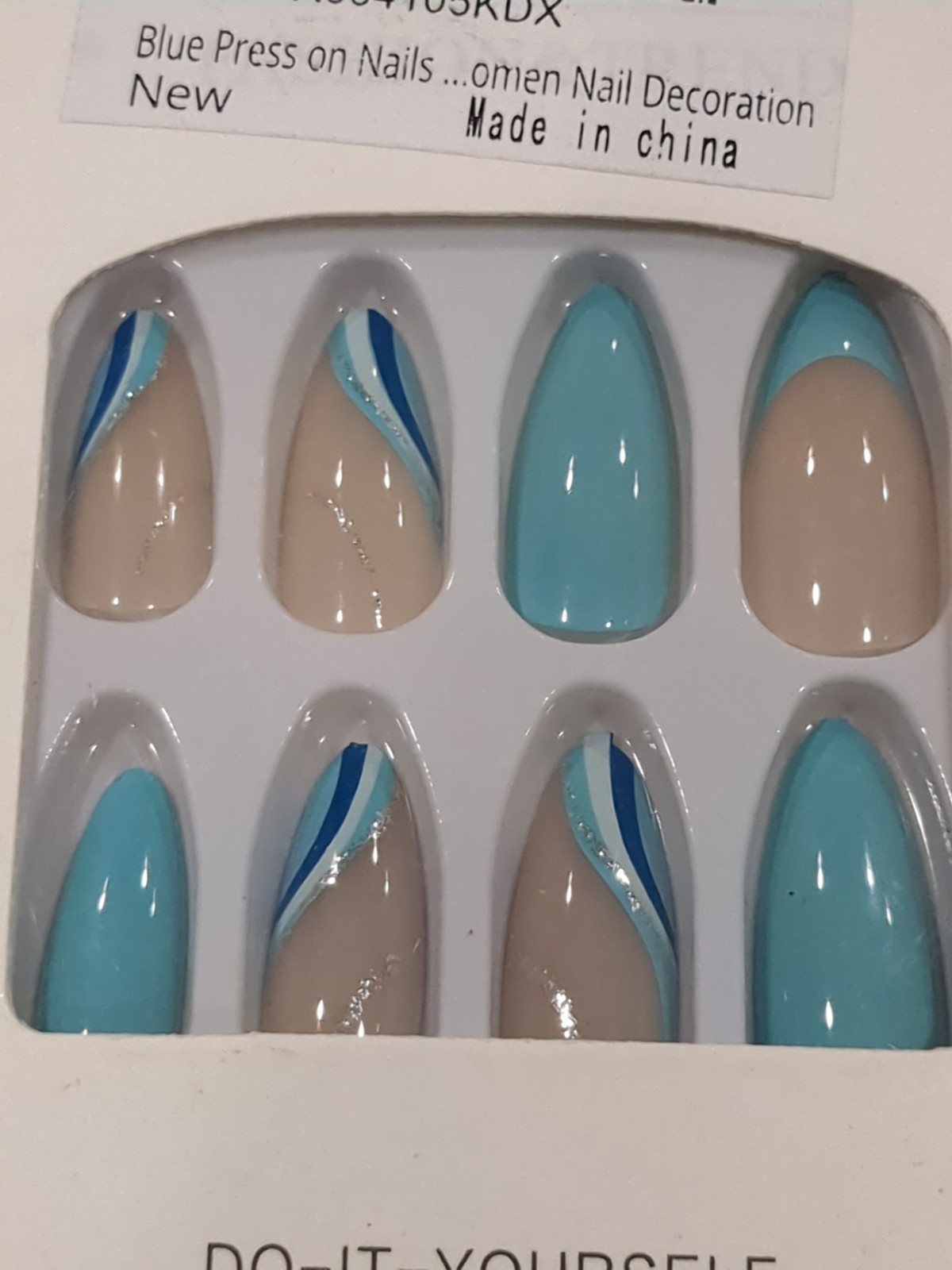 Medium Blue/Teal Wave Almond Press-On Fake Nails- 2 Kits- French Manicure 24pcs