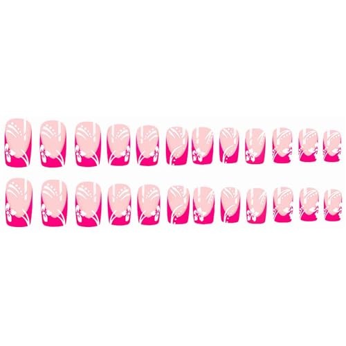 Medium Square Press on Nails – Hot Pink French Tip Glue ons Flower 21205 Pink