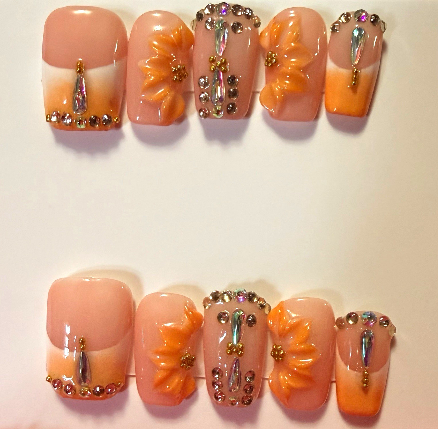 Pink/Orange 3D Flower Rhinestone Square Press-On Nails, size large
