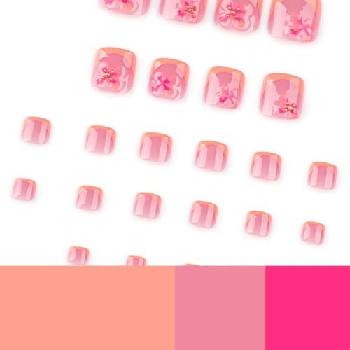 French Tip Press on Toenails Square Fake Toenails with Flower Short Style-3