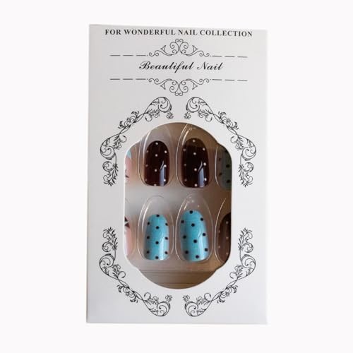 Brown Blue French Tip Press on Nails Short Almond Fake Polka Dot Star French 2