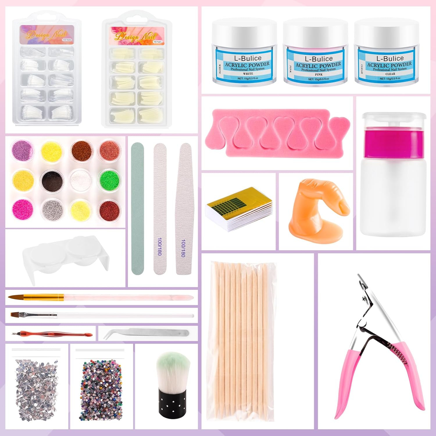 Acrylic Nail Kit for Beginners with Everything Professional, 12 Glitter Powder N