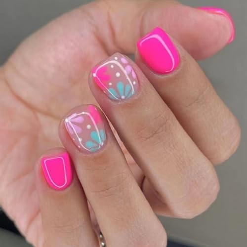 Short Square Fake Nails with Flower Designs – Acrylic Press