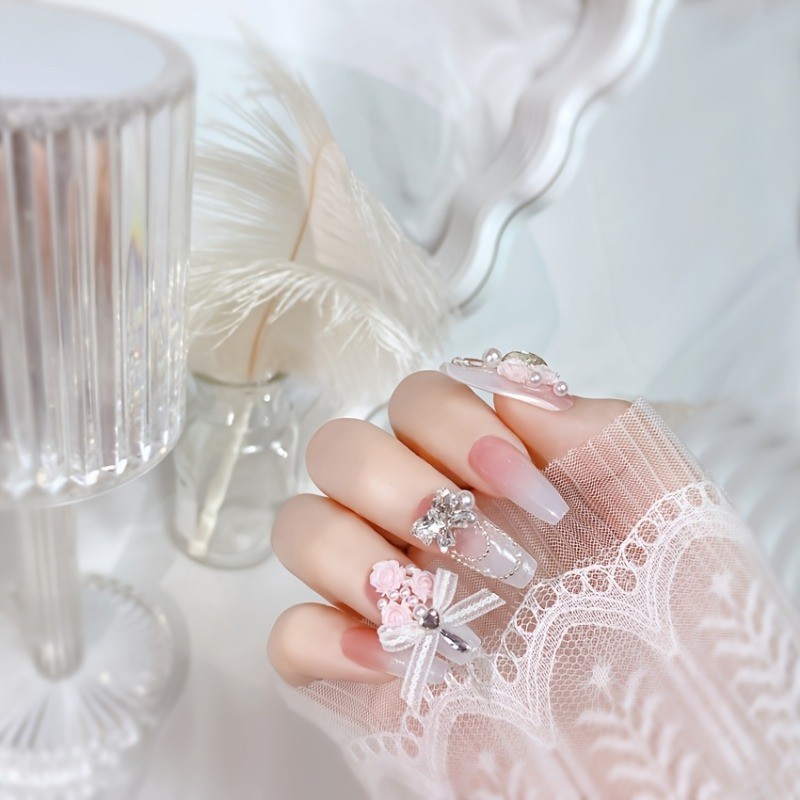 HandmadePinkGradient Flower Lace Bow Ballet NailsWearable For Daily Party