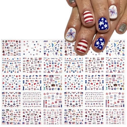 4th of July Nail Stickers Red Blue White Nail Decals Star USA Regular Vbn-34