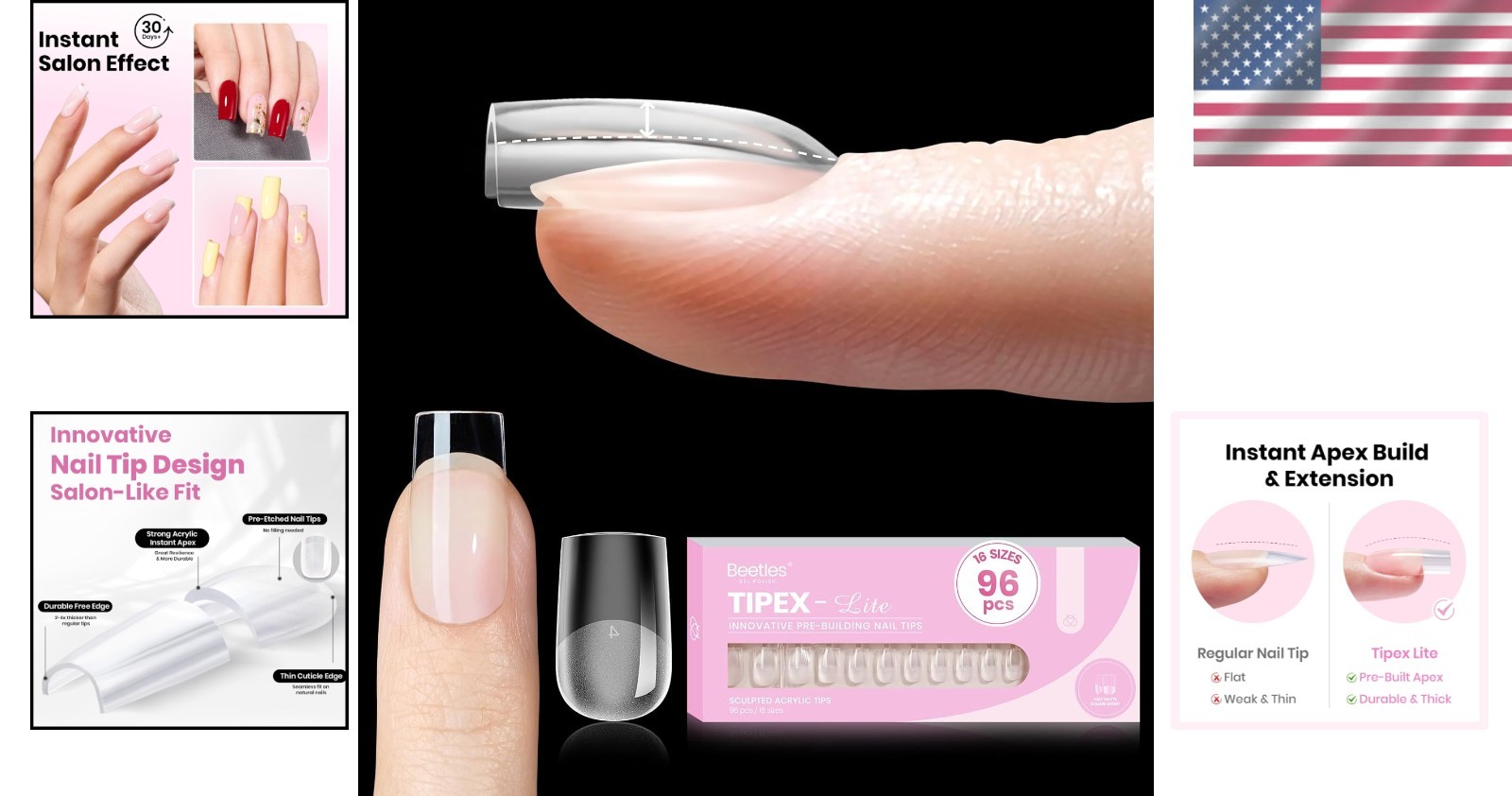 Beetles Tipex Lite Instant Apex Nail Tips, Short Square, 16 Sizes | 00–14, Built