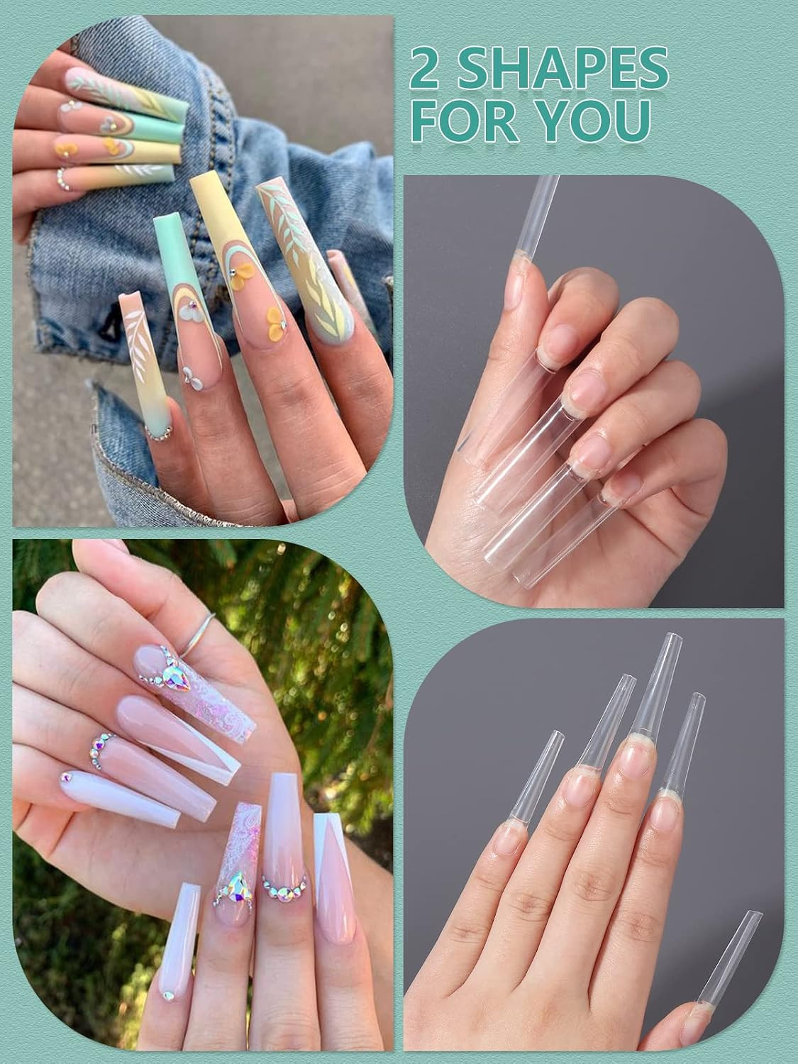 XL Long Nail Tips: Coffin & Square 2 Shapes for Home DIY | 480PCS Long Clear Nai