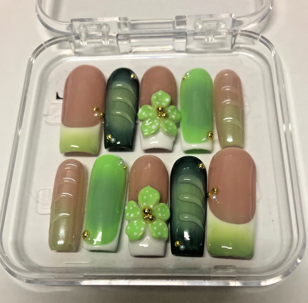 NailVesta Handcrafted 3D Nails Spring Summer Pink Green Floral Gold Reusable Lg