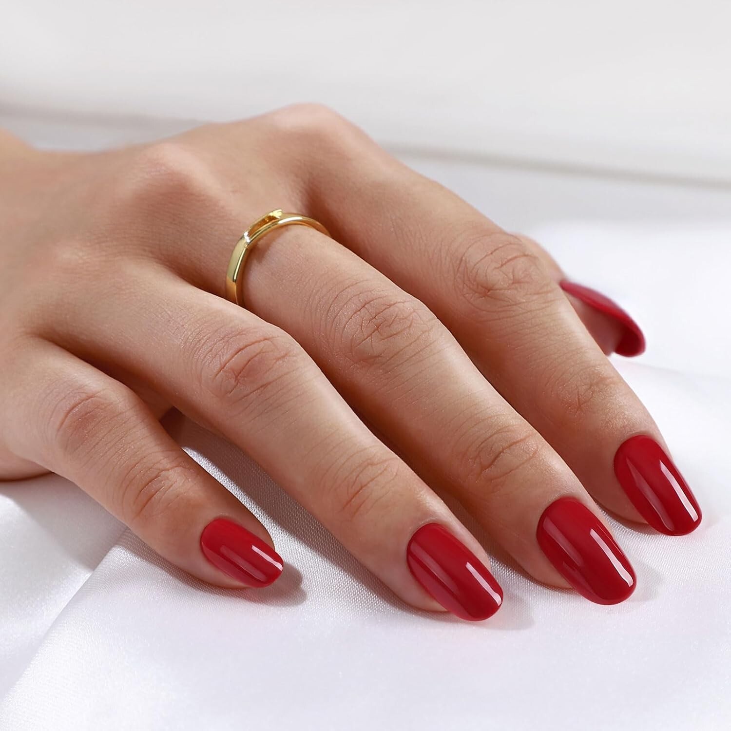 Short Press on Nails Dark Red – GJZEZ Soft Gel Round Glue on Fake Nails, Natural