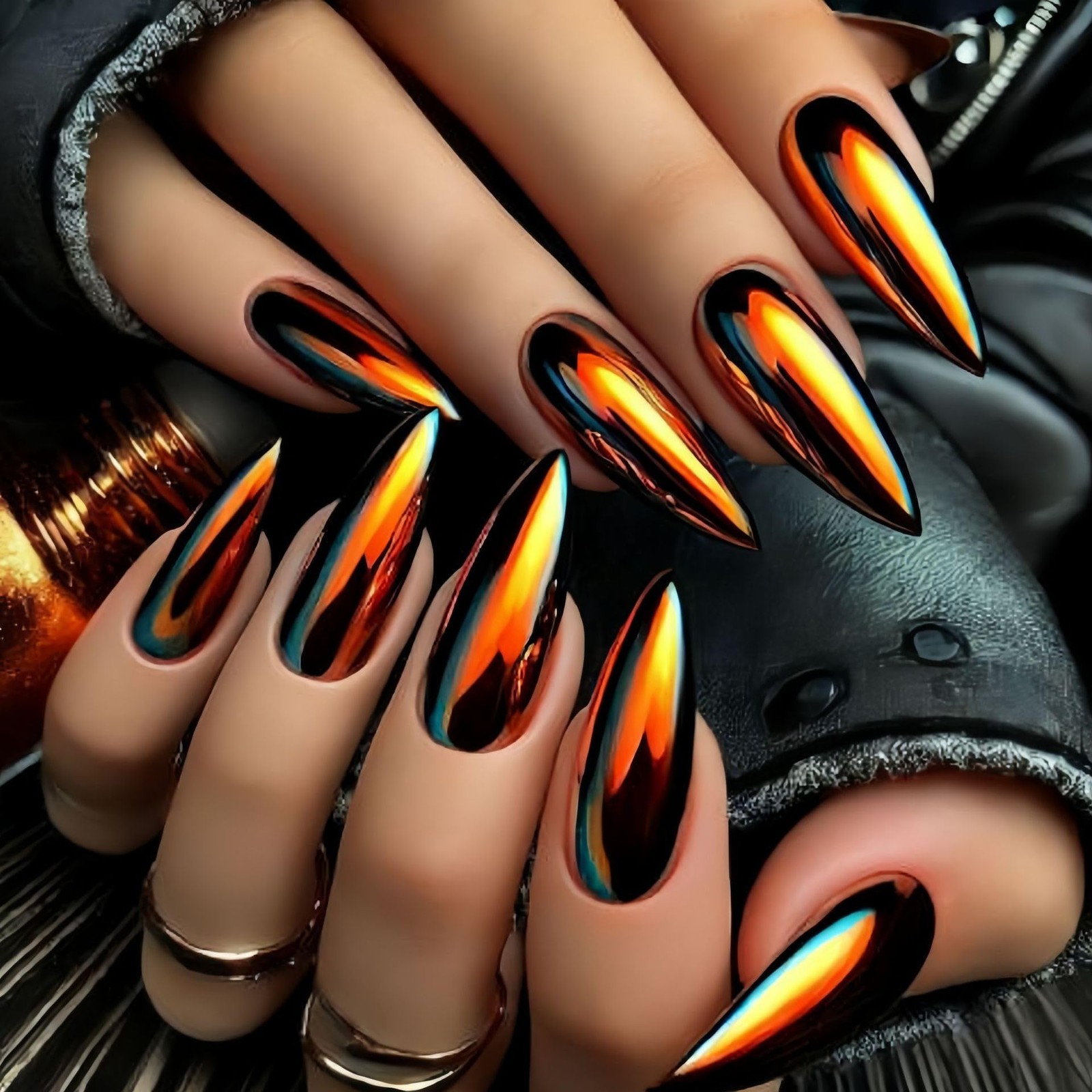Gold Chrome Press on Nails Mirror Metal Stiletto Fake Metallic colorful