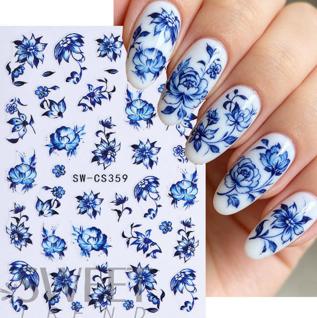 2Sheets Blue porcelain floral Flower Nail Stickers Self-adhesive Decoration NS8
