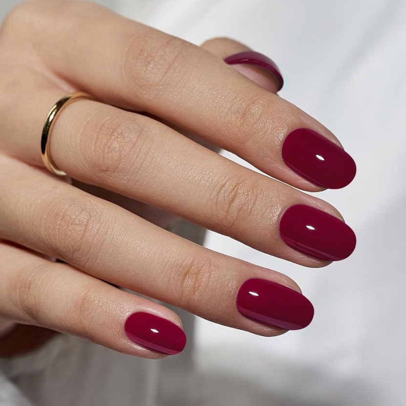 Oval Glossy Burgundy Press On Nails | Dark Red Elegant Classic False Nails