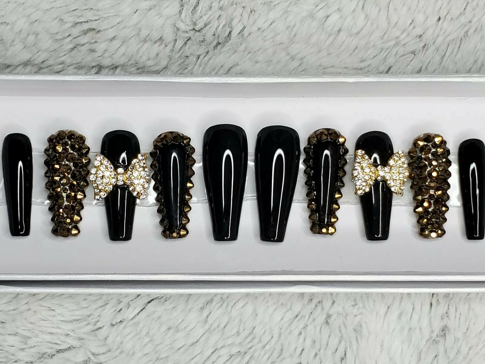 Black & gold bling long tapered ballerina press on nails diamond crystal bow