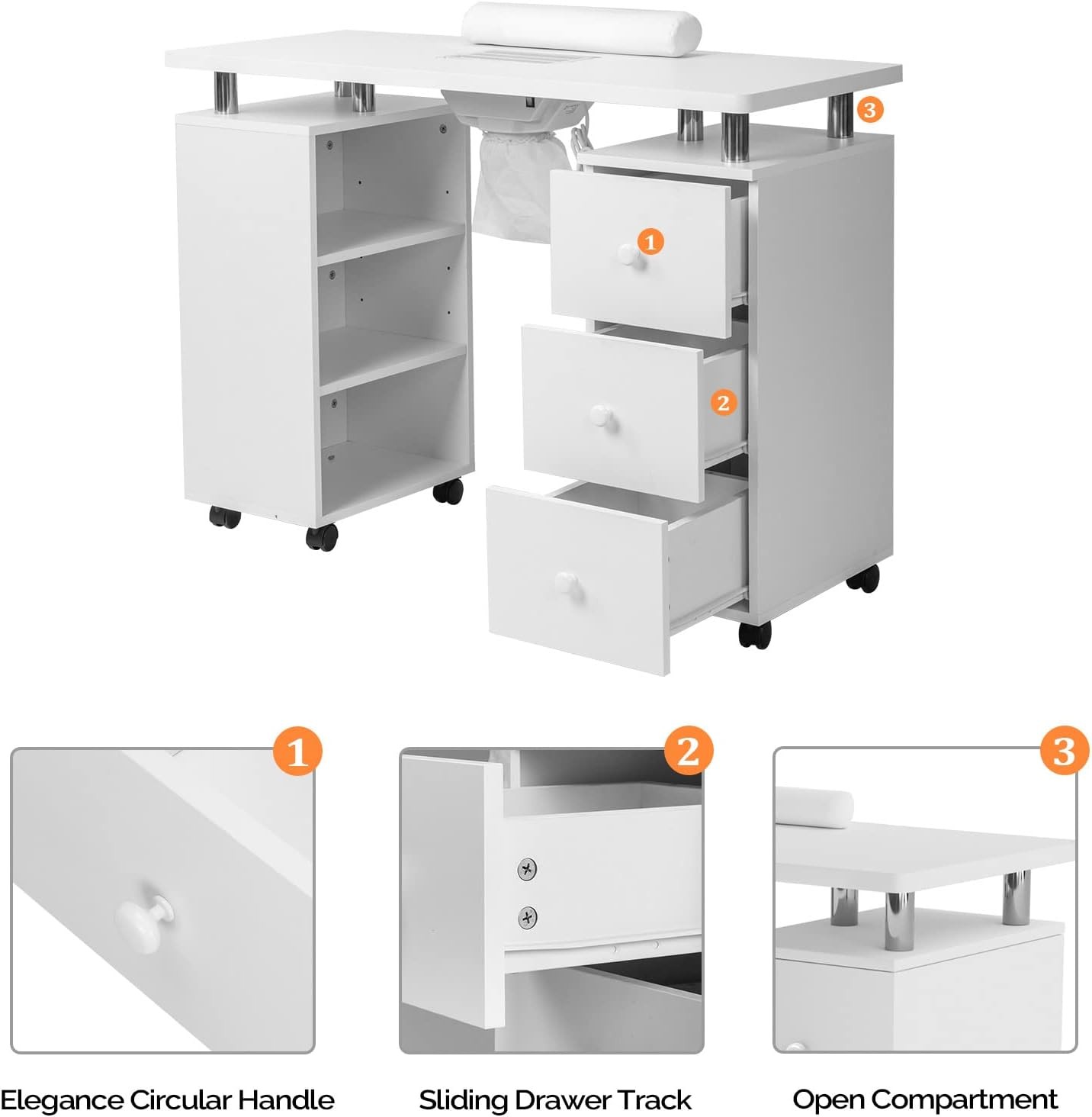 Manicure Table Nail Desk for Nail Tech w/Dust Collector, Wrist Cushion, Drawers
