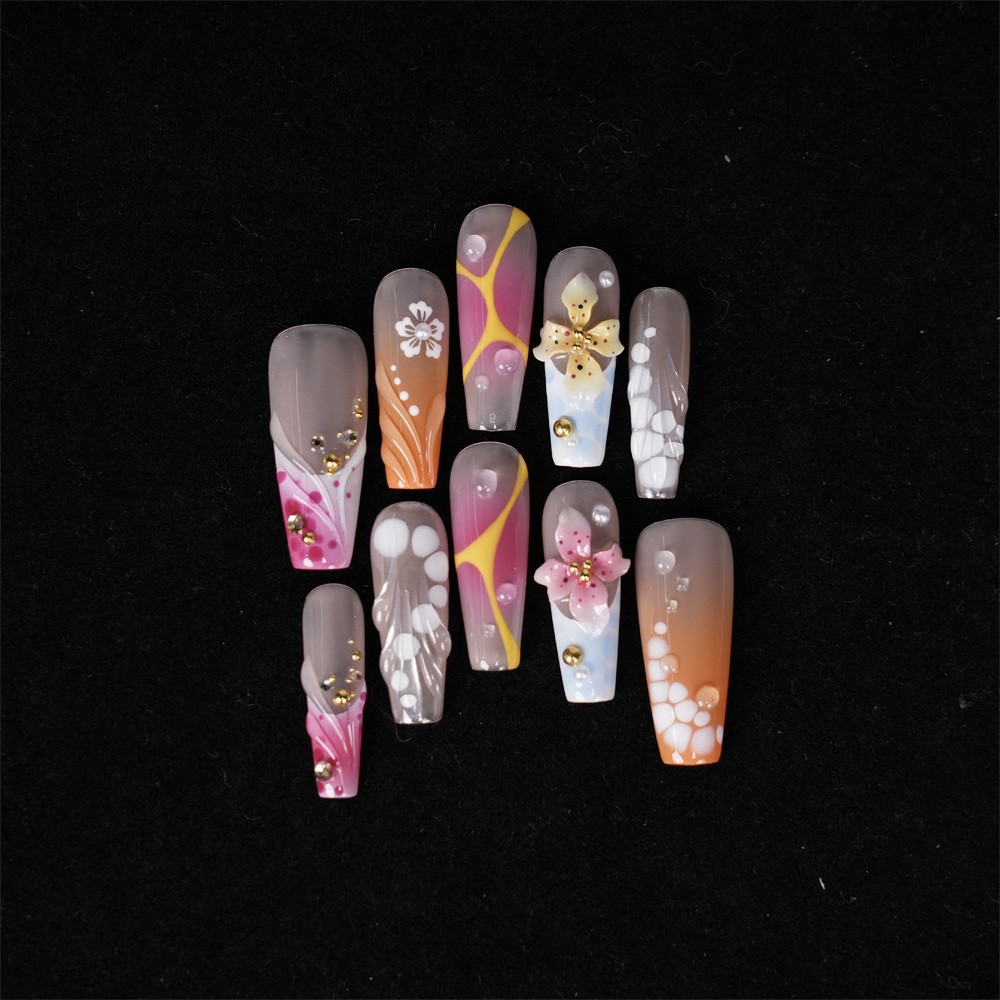 Handmade Orange Pink Gradient Floral Press on Nails Hand Painted Fake Nails