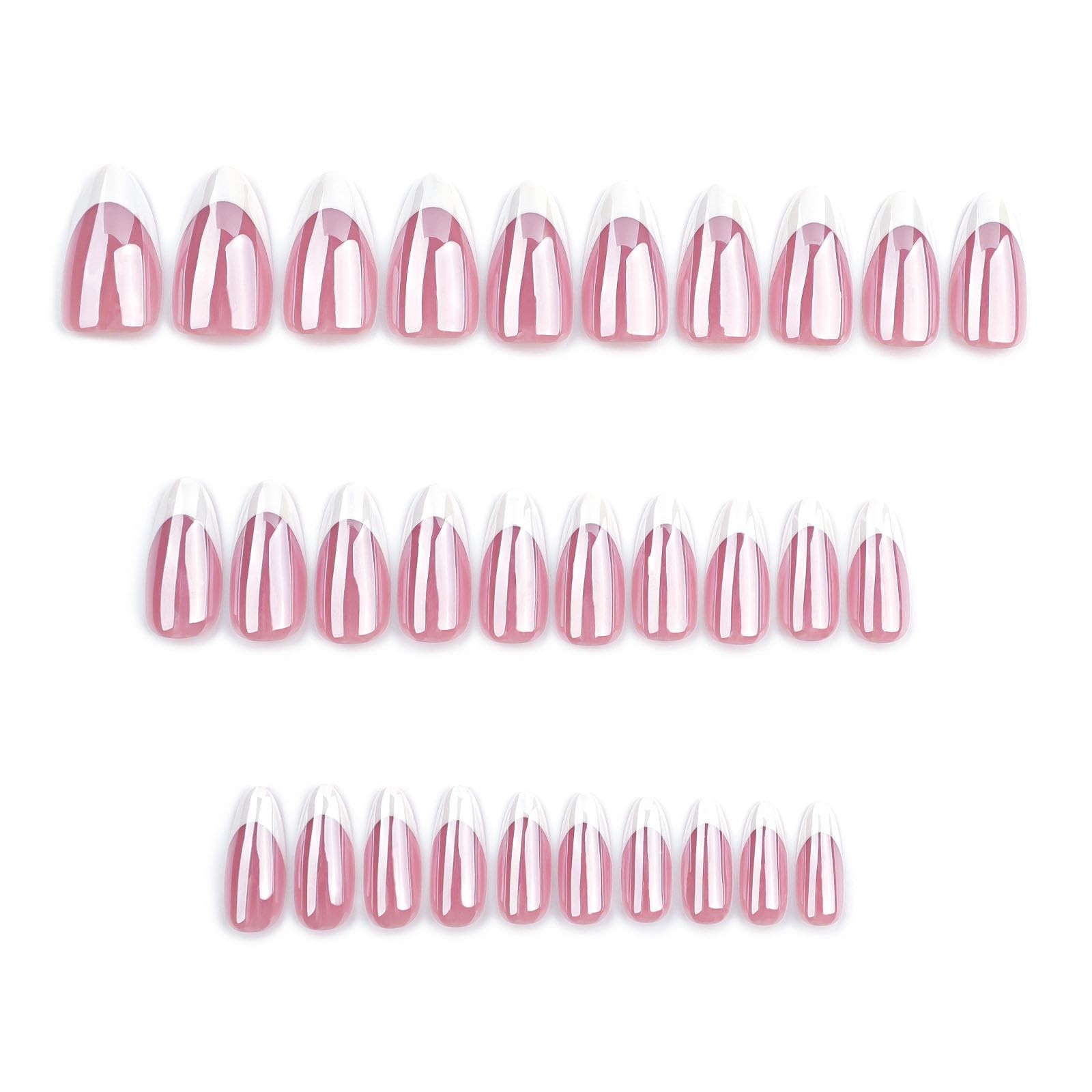Chrome Press on Nails Almond Medium White French Tip Fake Nails Fading Red Fu…